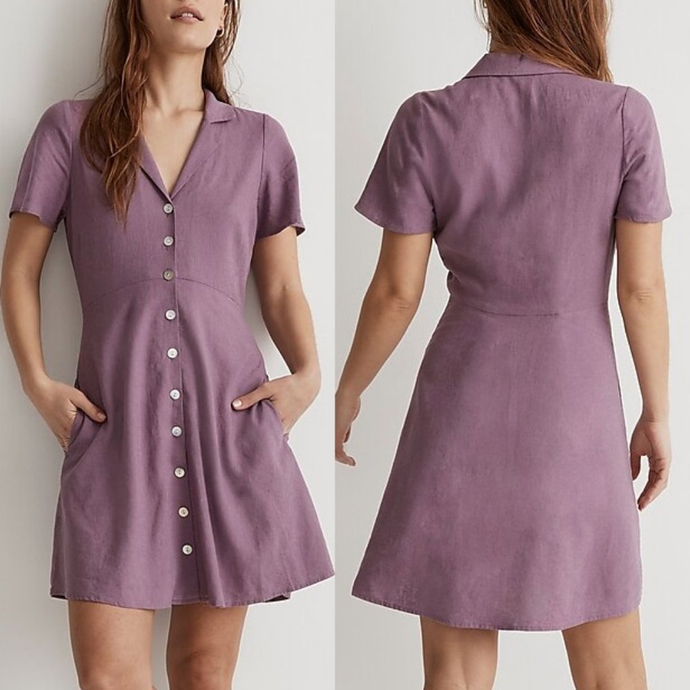 MADEWELL Kacie Mini Shirtdress Linen Button Front Antique Purple Retro $118